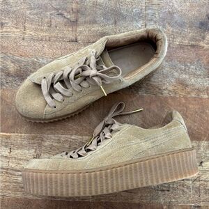 Tan Athletic Shoes with Platform Sole and Suede Finish